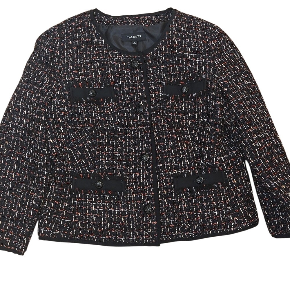 Talbots Tweed Jacket Blazer Black Pockets Metallic Wool‎ Blend Old Money Size 12